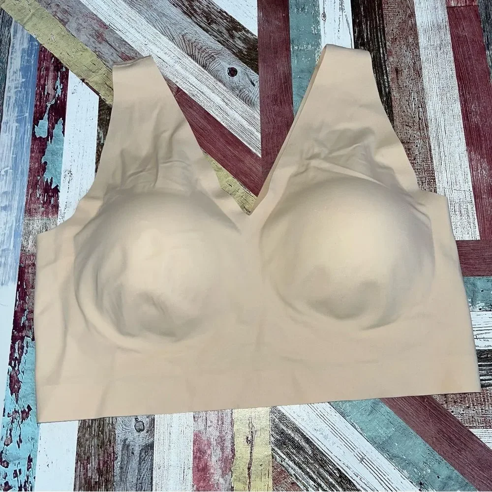 Truekind Everyday Comfort V-Neck Bralette EUC Chai Seamless Removable Cups Large